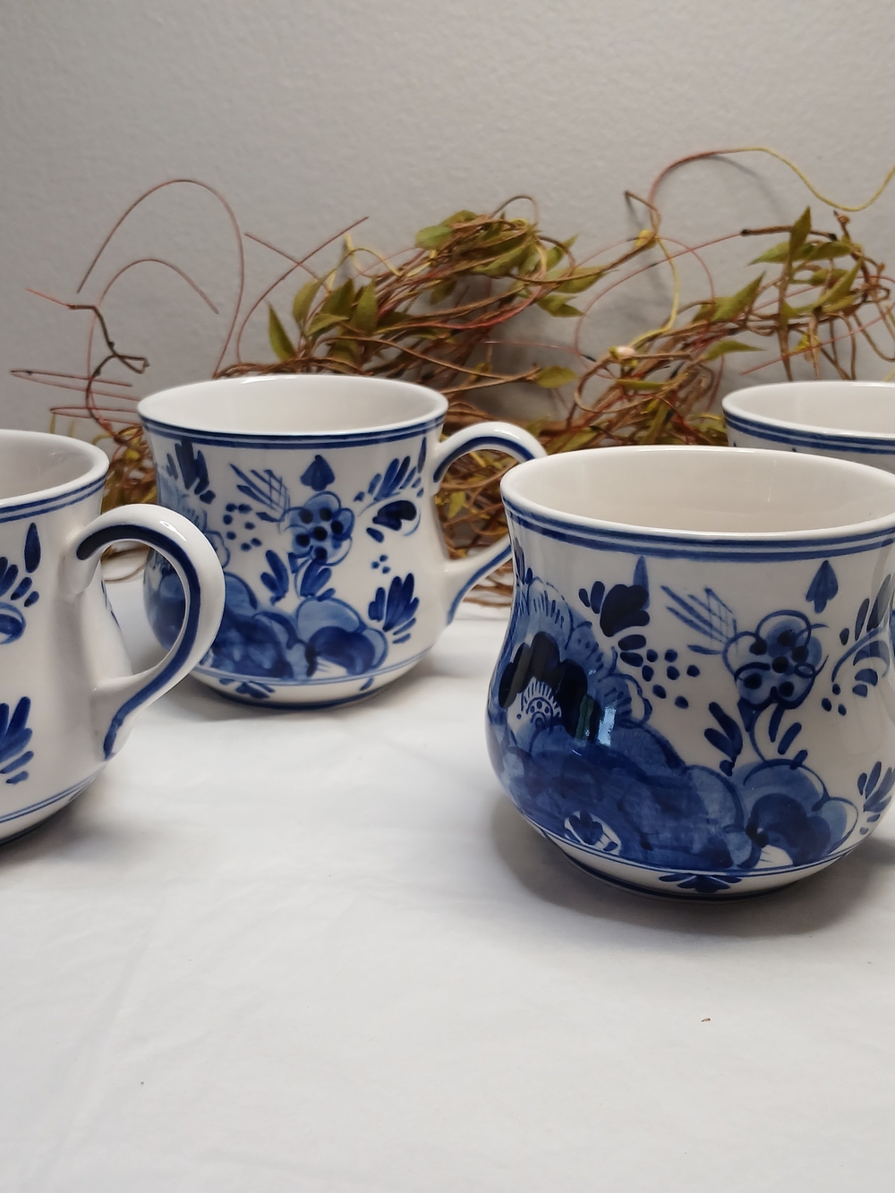 Hand-Painted Blue Floral Ceramic Mug - White & Blue Set Of 4 *No Flaws*